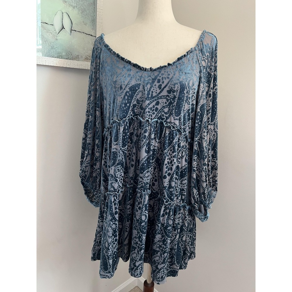 Betsey Johnson Dress XL Blue Paisley Velvet Burnout Swing Boho Tiered Mini Fairy